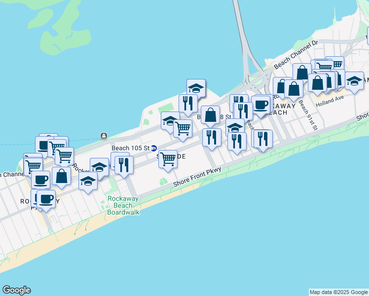 map of restaurants, bars, coffee shops, grocery stores, and more near 10212 Rockaway Beach Boulevard in Queens