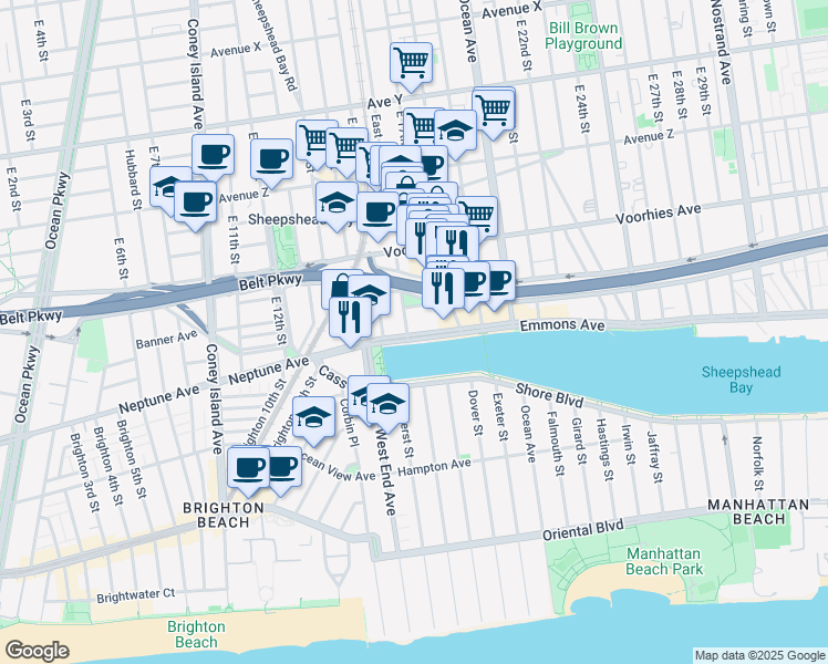map of restaurants, bars, coffee shops, grocery stores, and more near 2778 East 16th Street in Brooklyn