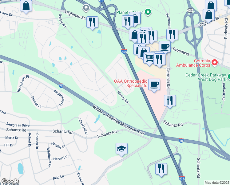 map of restaurants, bars, coffee shops, grocery stores, and more near 226 Snapdragon Way in Allentown
