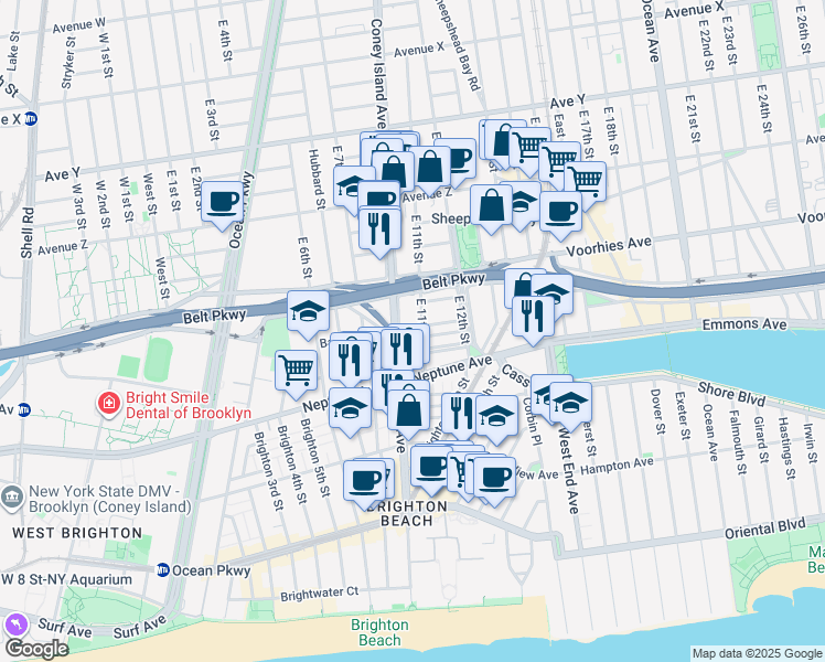 map of restaurants, bars, coffee shops, grocery stores, and more near 2745 East 11th Street in Brooklyn