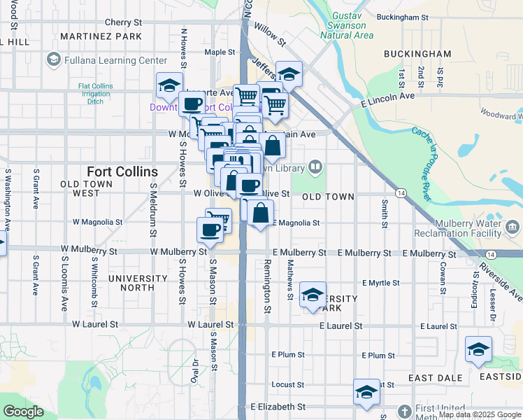 map of restaurants, bars, coffee shops, grocery stores, and more near 317 Remington Street in Fort Collins