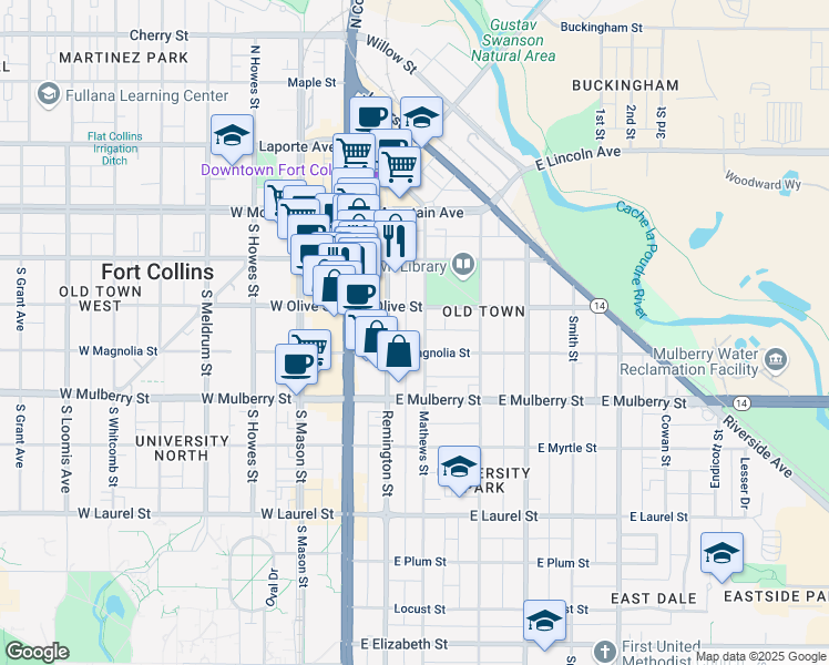 map of restaurants, bars, coffee shops, grocery stores, and more near 319 Mathews Street in Fort Collins