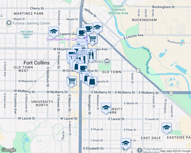 map of restaurants, bars, coffee shops, grocery stores, and more near 300 Remington Street in Fort Collins