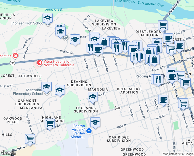 map of restaurants, bars, coffee shops, grocery stores, and more near 2321 Shasta Street in Redding