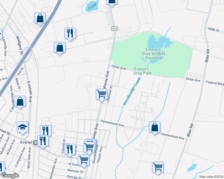 map of restaurants, bars, coffee shops, grocery stores, and more near 82 Morrisey Avenue in Woodbridge Township
