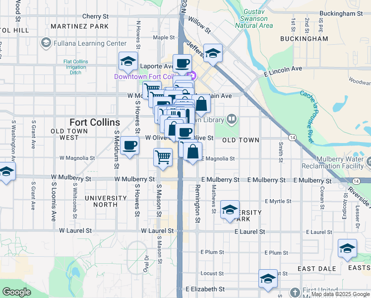 map of restaurants, bars, coffee shops, grocery stores, and more near 302 South College Avenue in Fort Collins