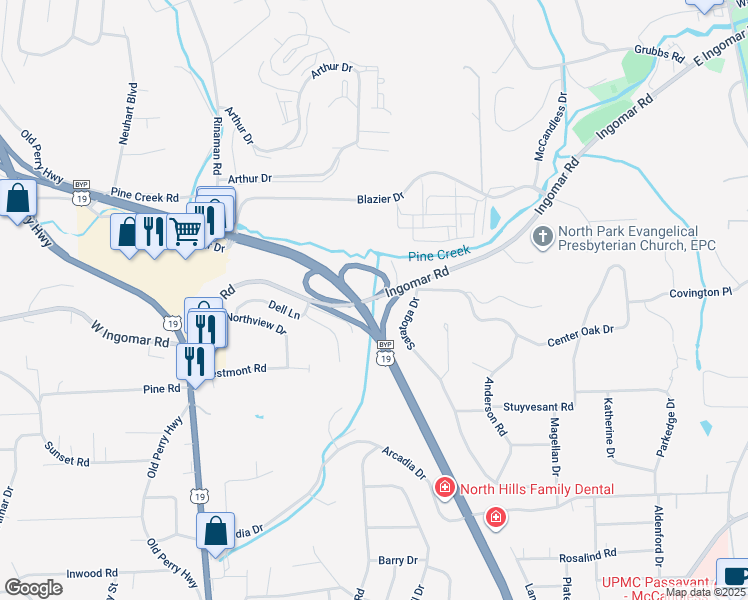map of restaurants, bars, coffee shops, grocery stores, and more near in McCandless Township