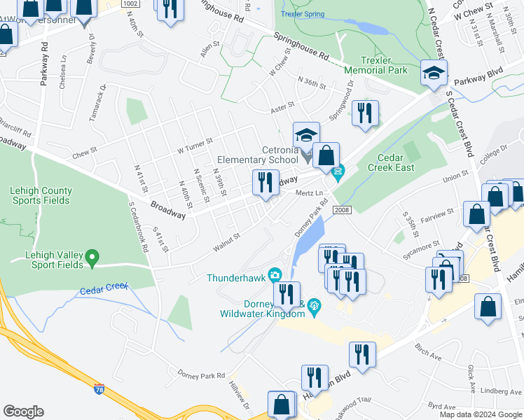 map of restaurants, bars, coffee shops, grocery stores, and more near 28 South 38th Street in Allentown