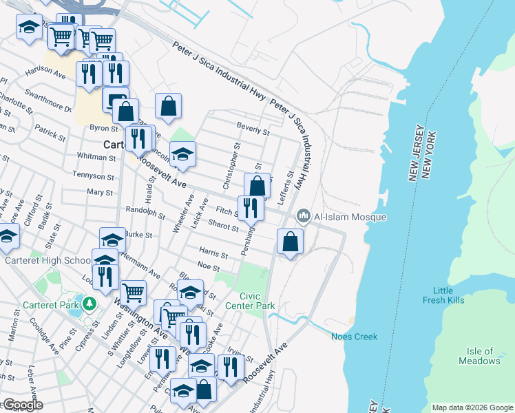 map of restaurants, bars, coffee shops, grocery stores, and more near 587 Roosevelt Avenue in Carteret