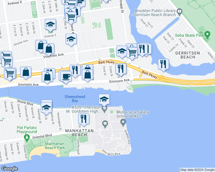 map of restaurants, bars, coffee shops, grocery stores, and more near 3134 Emmons Avenue in Brooklyn