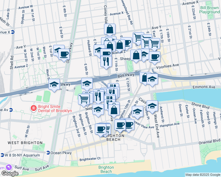 map of restaurants, bars, coffee shops, grocery stores, and more near Banner Avenue in Brooklyn