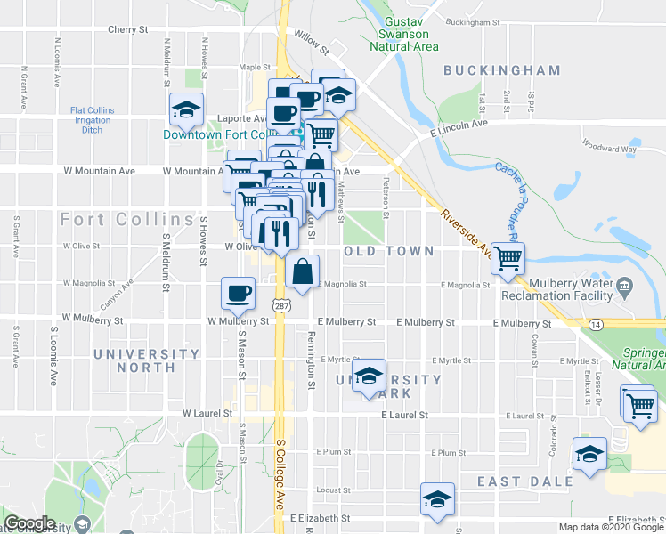 map of restaurants, bars, coffee shops, grocery stores, and more near 300 Remington Street in Fort Collins