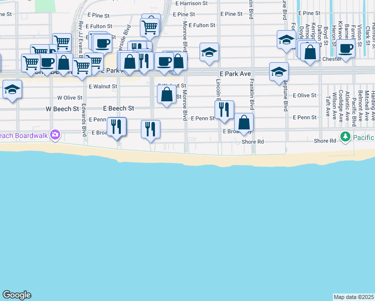 map of restaurants, bars, coffee shops, grocery stores, and more near 325 Shore Road in Long Beach