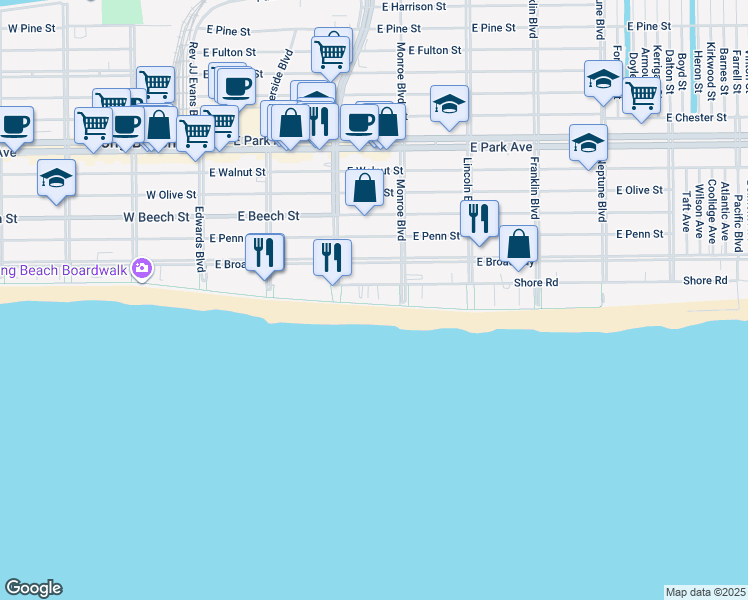 map of restaurants, bars, coffee shops, grocery stores, and more near 271 Shore Road in Long Beach
