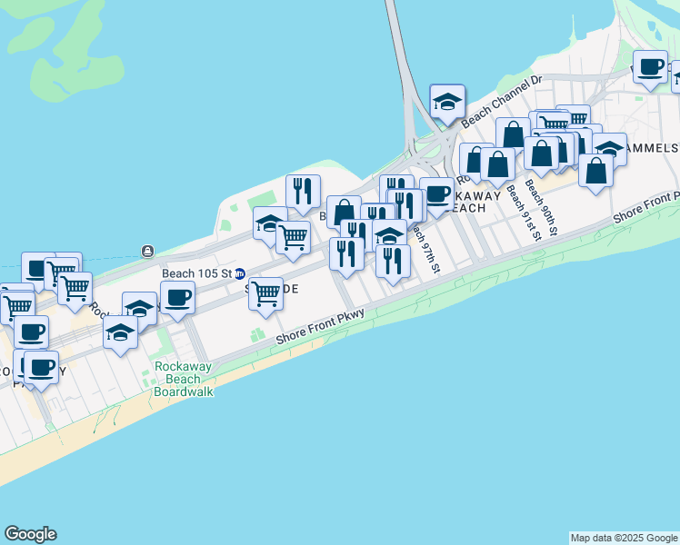 map of restaurants, bars, coffee shops, grocery stores, and more near 2-23 Beach 101st Street in Queens