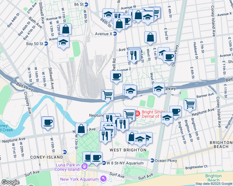 map of restaurants, bars, coffee shops, grocery stores, and more near 2815 Shell Road in Brooklyn
