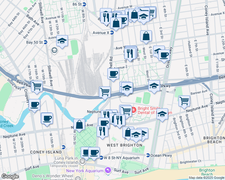 map of restaurants, bars, coffee shops, grocery stores, and more near 2815 Shell Road in Brooklyn