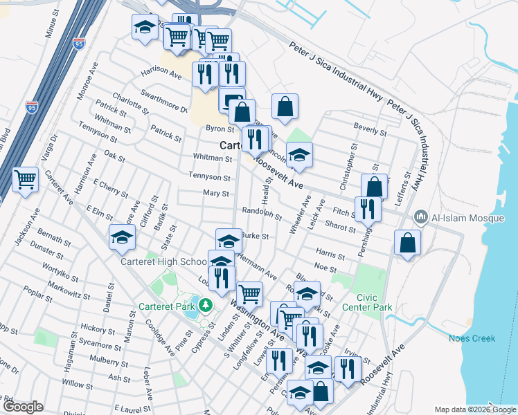 map of restaurants, bars, coffee shops, grocery stores, and more near 128 Heald Street in Carteret