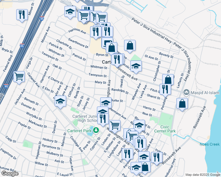 map of restaurants, bars, coffee shops, grocery stores, and more near 109 Edgar Street in Carteret