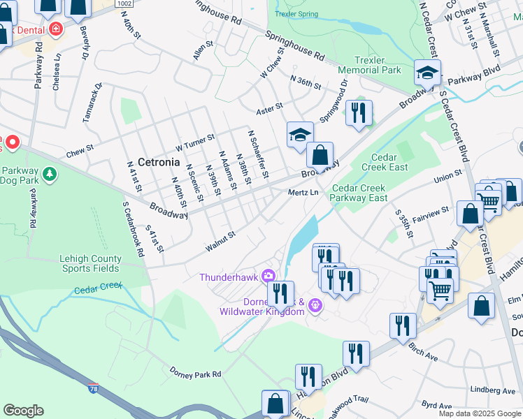 map of restaurants, bars, coffee shops, grocery stores, and more near 25 South 38th Street in Allentown