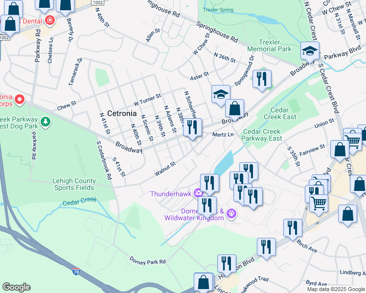 map of restaurants, bars, coffee shops, grocery stores, and more near 3814 Broadway in Allentown