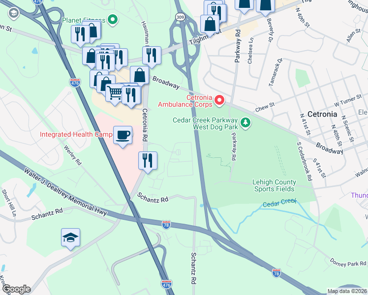 map of restaurants, bars, coffee shops, grocery stores, and more near Highway 309 in Allentown