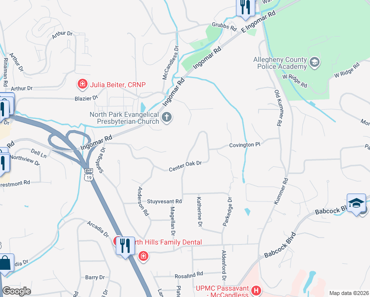 map of restaurants, bars, coffee shops, grocery stores, and more near 1042 Center Oak Drive in Pittsburgh