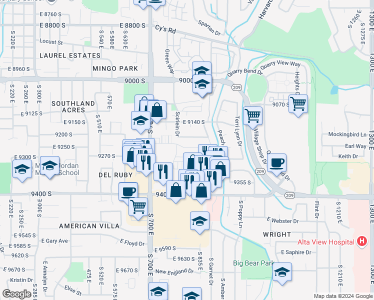 map of restaurants, bars, coffee shops, grocery stores, and more near 788 East Rose Cottage Way in Sandy
