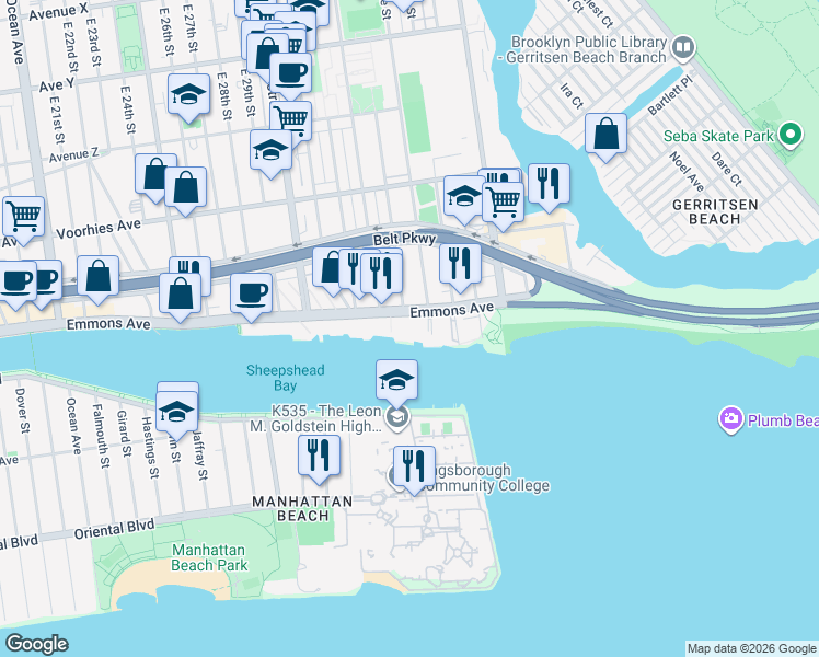 map of restaurants, bars, coffee shops, grocery stores, and more near 3144 Emmons Avenue in Brooklyn