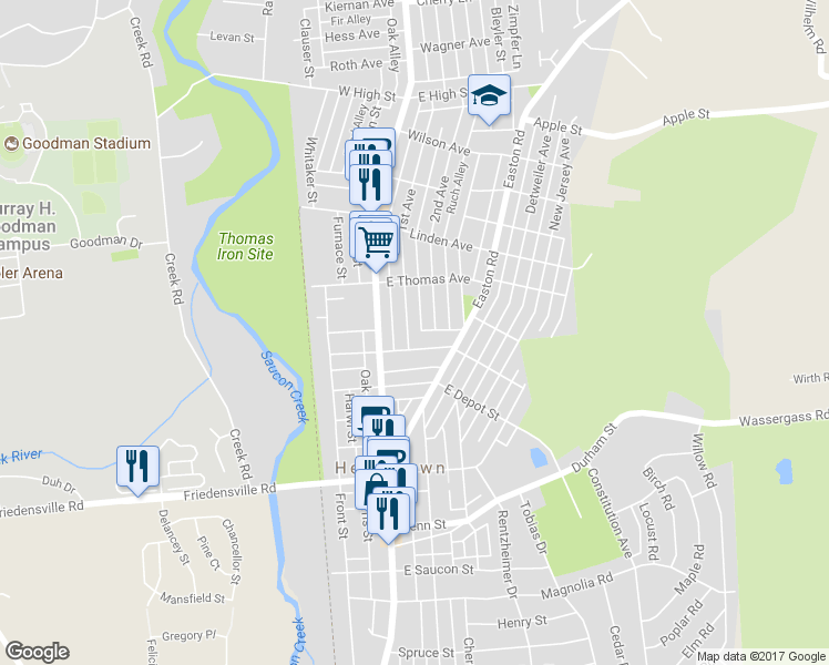 map of restaurants, bars, coffee shops, grocery stores, and more near 1023 1st Avenue in Hellertown