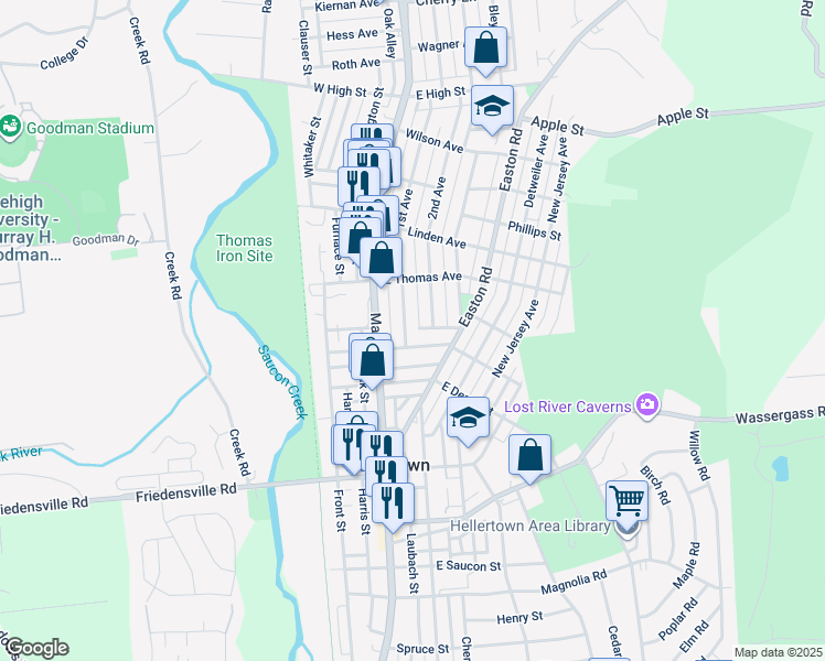 map of restaurants, bars, coffee shops, grocery stores, and more near 1023 1st Avenue in Hellertown