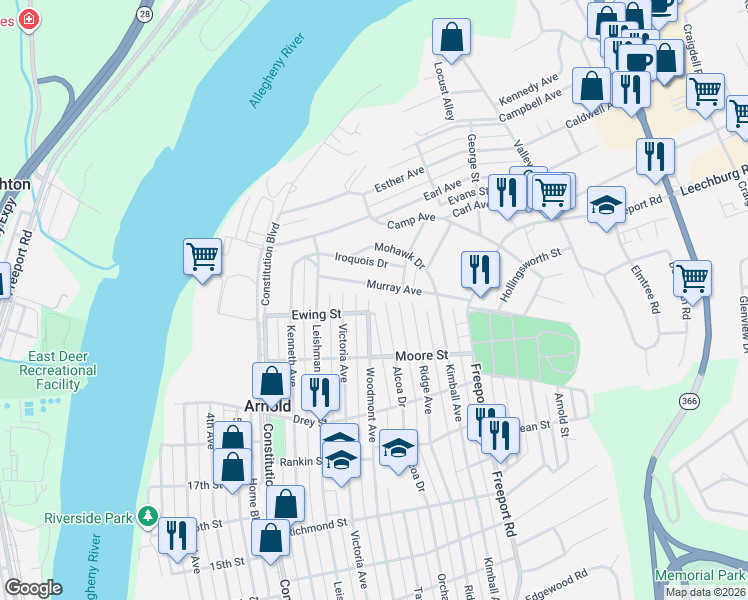 map of restaurants, bars, coffee shops, grocery stores, and more near 2108 Woodmont Avenue in New Kensington