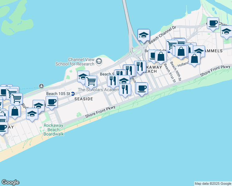 map of restaurants, bars, coffee shops, grocery stores, and more near 100-03 Rockaway Beach Boulevard in Queens