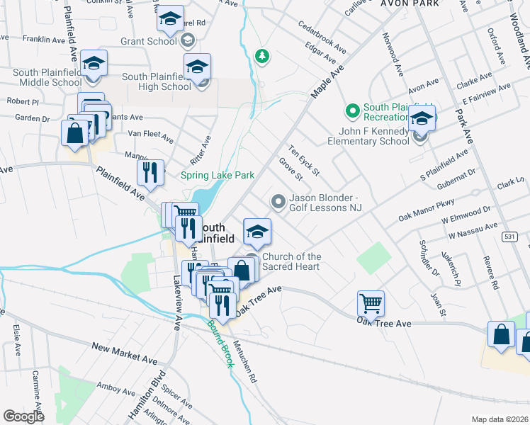 map of restaurants, bars, coffee shops, grocery stores, and more near 409 Randolph Avenue in South Plainfield