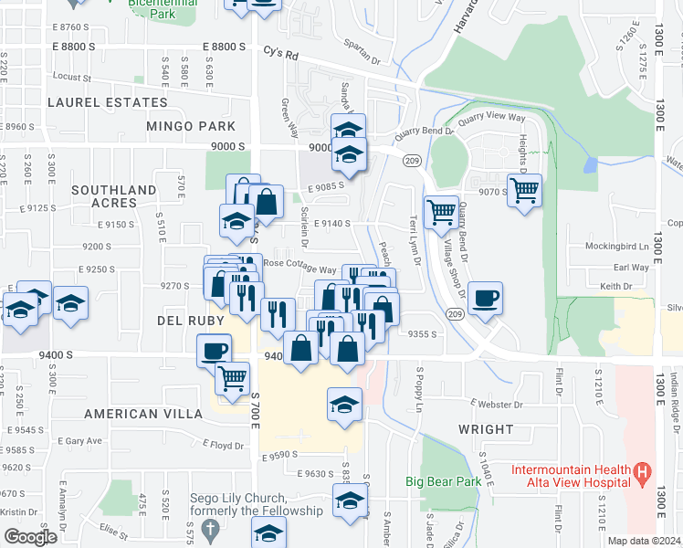 map of restaurants, bars, coffee shops, grocery stores, and more near 9242 South Rose Cottage Way in Sandy