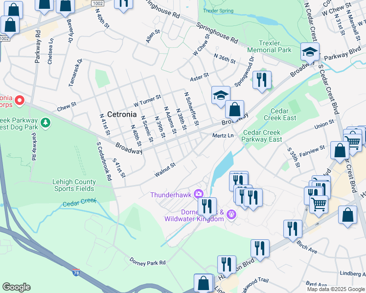 map of restaurants, bars, coffee shops, grocery stores, and more near 3814 Broadway in Allentown