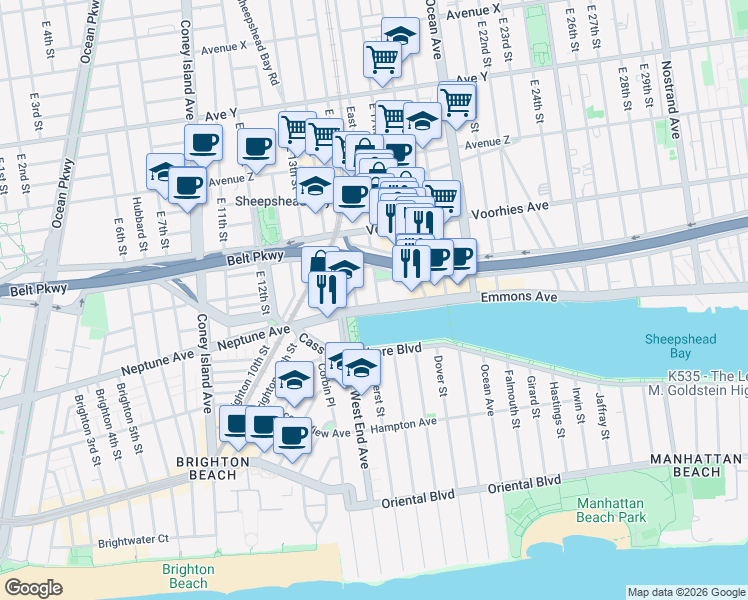 map of restaurants, bars, coffee shops, grocery stores, and more near 1523 Emmons Avenue in Brooklyn
