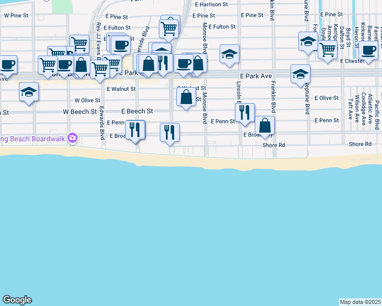 map of restaurants, bars, coffee shops, grocery stores, and more near 271 Shore Road in Long Beach
