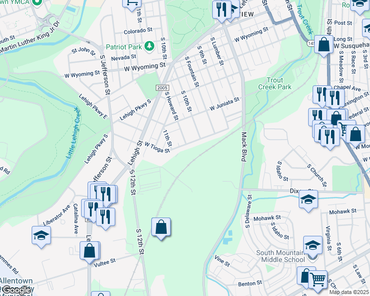 map of restaurants, bars, coffee shops, grocery stores, and more near 1032 West Tioga Street in Allentown