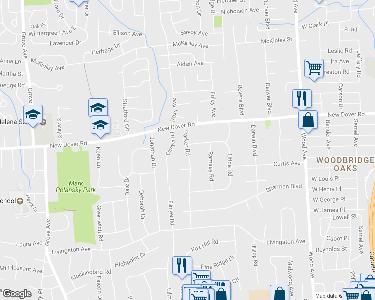 map of restaurants, bars, coffee shops, grocery stores, and more near 11 Parker Road in Edison