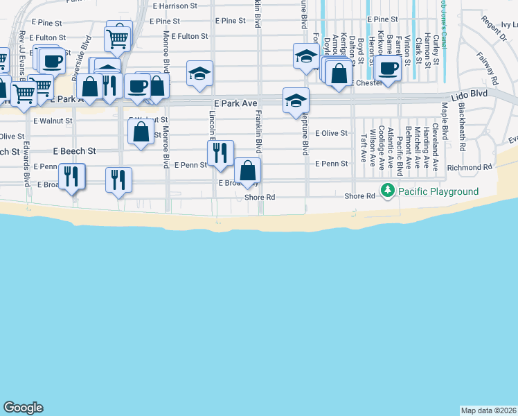 map of restaurants, bars, coffee shops, grocery stores, and more near 15 Franklin Boulevard in Long Beach