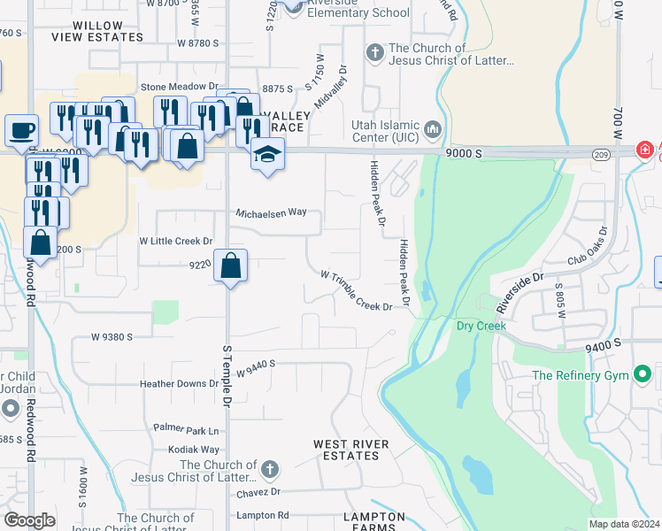 map of restaurants, bars, coffee shops, grocery stores, and more near 1142 West Trimble Creek Drive in West Jordan