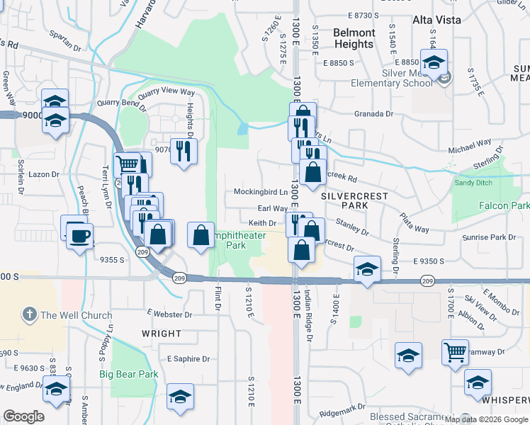 map of restaurants, bars, coffee shops, grocery stores, and more near 1242 Earl Way in Sandy