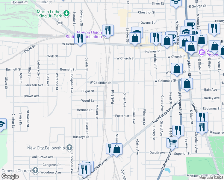 map of restaurants, bars, coffee shops, grocery stores, and more near 319 Columbia Court in Marion