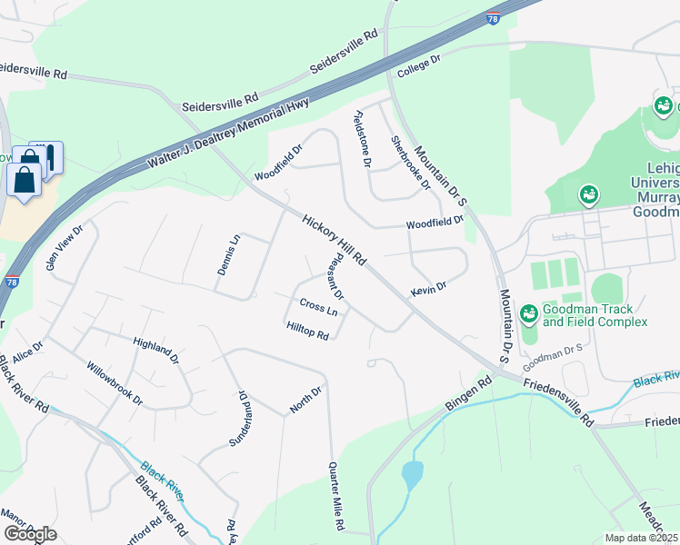 map of restaurants, bars, coffee shops, grocery stores, and more near 2075 Pleasant Drive in Bethlehem