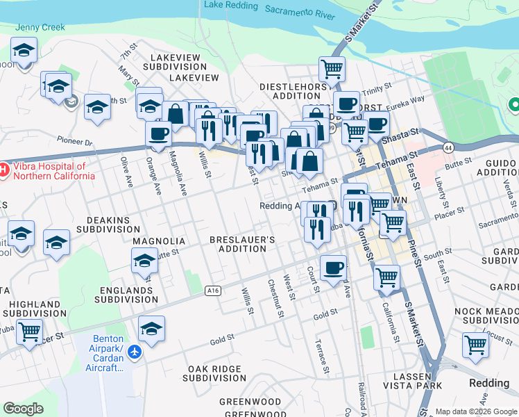 map of restaurants, bars, coffee shops, grocery stores, and more near 1341 Chestnut Street in Redding