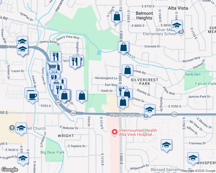 map of restaurants, bars, coffee shops, grocery stores, and more near 1242 Earl Way in Sandy