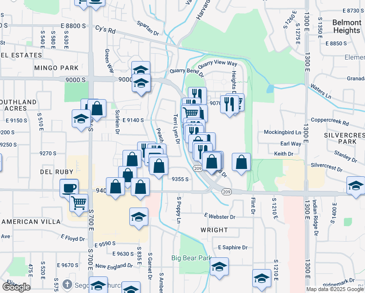 map of restaurants, bars, coffee shops, grocery stores, and more near 9243 Terri Lynn Drive in Sandy