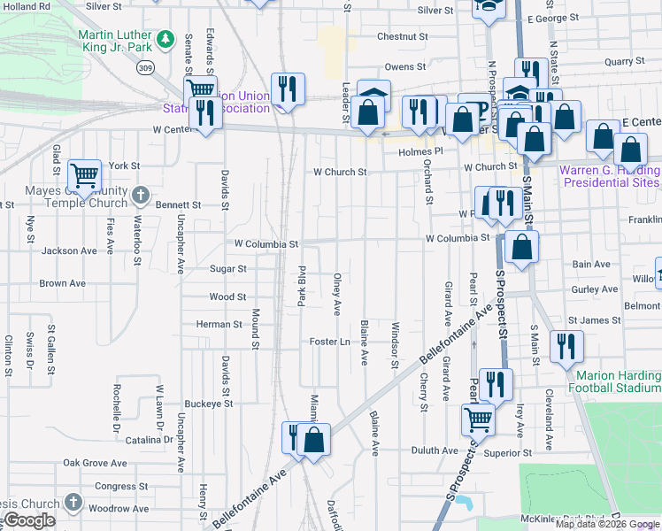 map of restaurants, bars, coffee shops, grocery stores, and more near 316 Olney Avenue in Marion