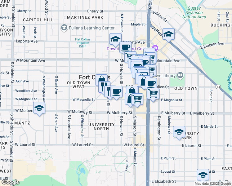 map of restaurants, bars, coffee shops, grocery stores, and more near in Fort Collins